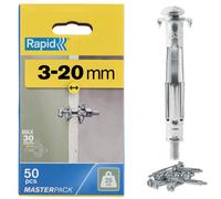 Rapid Hollow Wall Anchors, Pack of 50 Heavy Duty Metal Plasterboard Fixings for 3-20 mm Wall Thickness, 25 kg Load, Cavity Wall Fixings, Wall Plugs, Plasterboard & Chipboard Plugs (5001562)