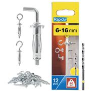 Rapid Hollow Wall Anchor With Angle- Ring- And Rounded-Hook 40Kg Load 6-16mm - Pack Of 12