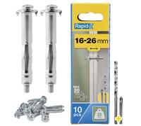 Rapid Hollow Wall Anchors, 16-26 mm, Pack of 10 Metal Plasterboard Fixings | Heavy Duty 25 kg Load, 16-26 mm Wall Thickness, Cavity Wall Fixings, Wall Plugs, Plasterboard & Chipboard Plugs (5001547)