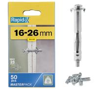 Rapid Hollow Wall Anchors, 16-26 mm, Pack of 50 Metal Plasterboard Fixings | Heavy Duty 25 kg Load, 16-26 mm Wall Thickness, Cavity Wall Fixings, Wall Plugs, Plasterboard & Chipboard Plugs (5001561)