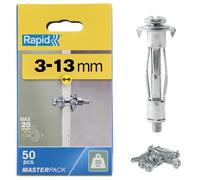 Rapid Hollow Wall Anchors, 3-13 mm, Pack of 50 Metal Plasterboard Fixings | Heavy Duty 25 kg Load, 3-13 mm Wall Thickness, Cavity Wall Fixings, Wall Plugs, Plasterboard & Chipboard Plugs (5001560)