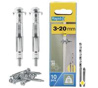 Rapid Hollow Wall Anchors, 3-20 mm, Pack of 10 Metal Plasterboard Fixings | Heavy Duty 25 kg Load. 3-20 mm Wall Thickness, Cavity Wall Fixings, Wall Plugs, Plasterboard & Chipboard Plugs (5001548)