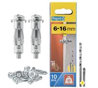 Rapid Hollow Wall Anchors, 6-16 mm, Pack of 10 Metal Plasterboard Fixings | Heavy Duty 40 kg Load, 6-16 mm Wall Thickness, Cavity Wall Fixings, Wall Plugs, Plasterboard & Chipboard Plugs (5001549)