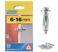 Rapid Hollow Wall Anchors, Pack of 50 Heavy Duty Metal Plasterboard Fixings for 6-16 mm Wall Thickness, 40 kg Load, Cavity Wall Fixings, Wall Plugs, Plasterboard & Chipboard Plugs (5001563)