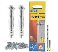 Rapid Hollow Wall Anchors, 6-21 mm, Pack of 10 Metal Plasterboard Fixings | Heavy Duty 40 kg Load, 6-21 mm Wall Thickness, Cavity Wall Fixings, Wall Plugs, Plasterboard & Chipboard Plugs (5001550)