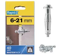 Rapid Hollow Wall Anchors, 6-21 mm, Pack of 40 Metal Plasterboard Fixings