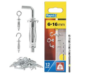 Rapid Hollow Wall Anchors, Pack of 12 Wall Hooks Metal Plasterboard Fixings | Wall Hanging Hooks, Heavy Duty 40 kg Load, 6-16 mm Thickness, Cavity Wall Fixings & Plasterboard Plugs (5001557)