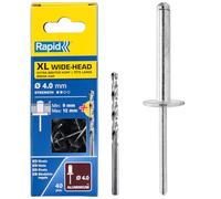 Rapid Rivets XL Rivets Including Drill Piece, 4 x 16 mm, 5000662 - 40 Pieces | Large round head; wide contact surface; material-friendly; 9-12 mm clamping range; for metal and plastic; includes drill
