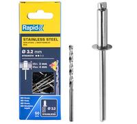 Rapid Stainless Steel Blind Rivets, 3.2 x 8 mm with Drill Bit, 50 Pieces | Stainless V2A rivets for outdoor use; 3.2 mm diameter; 2-4 mm grip range; silver; 50 pieces; drill bit included