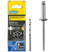 Rapid Stainless Steel Blind Rivets, 4 x 8 mm with Drill Bit, 50 Pieces | Stainless V2A rivets for outdoor use; 4 mm diameter; 3-5 mm grip range; silver; 50 pieces; drill bit included