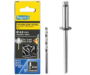 Rapid Stainless Steel Blind Rivets, 4 x 8 mm with Drill Bit, 50 Pieces | Stainless V2A rivets for outdoor use; 4 mm diameter; 3-5 mm grip range; silver; 50 pieces; drill bit included