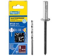 Rapid Waterproof Blind Rivets 3.2 x 8 mm with Drill Bit, 50 Pieces | Prevents moisture ingress; 2-4 mm clamping range; 3.2 mm diameter; for rain gutters and outdoor areas