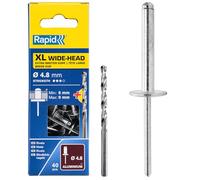 Rapid XL Rivets Including Drill Bit, Ø4.8 x 16 mm, Pack of 40, 5000665 | XL Head made of aluminium, pin made of steel; For 9-12 mm material thickness; for metal & plastic; drill bit included.