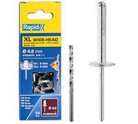 Rapid XL Rivets Including Drill Bit, Ø4 x 12 mm, Pack of 50, 5000661 | XL Head made of aluminium, pin made of steel; For 6-9 mm material thickness; for metal & plastic; drill bit included.