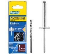 Rapid XL Rivets Including Drill Bit, Ø4 x 18 mm, Pack of 40, 5000663 | XL Head made of aluminium, pin made of steel, For 12-15 mm material thickness