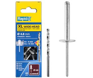 Rapid XL (Wide Head) Blind Rivets 4.8 x 12 mm with Drill, 40 Pieces | XL Head made of aluminium, pin made of steel; For 6-9 mm material thickness; for metal & plastic; drill bit included.
