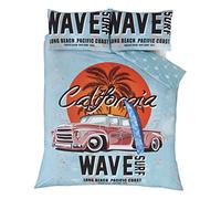 Rapport Duvet Cover Bedding Set-Retro California Surf Board on a Beach with Palm Tree & Vintage Car, Blue, Duck Egg, Double