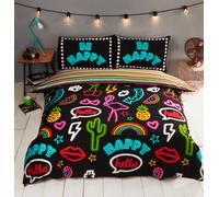 Rapport Home Be Happy Neon Polycotton Duvet Cover Set & Pillowcase in Black | Size: Double Rapport Home Black Double