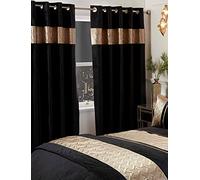 Capri Gold Black 66x72" Eyelet Curtains Ring Top Header Curtain Pair Lined Velvet