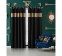 Rapport Home Capri Eyelet Curtains Pair, Thermal Polyester - Black Gold | 66" x 72" thermal room-darkening drapes. Polyester fabric, ideal for bedroom or living room.
