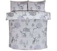 Rapport Home Christmas Festive Woodland Stag King Size Duvet Set (230 x 220 cm) - Elegant Piped Trim Grey Bedding Bed Set Warm & Cosy 3-Piece Set With Popper Closure