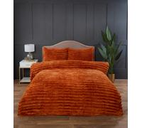 Rapport home Chunky Ribbed Premium Luxury Faux Rabbit Fur Duvet Cover Set Kingsize Burnt Orange Soft and Warm Fluffy Bedding Set