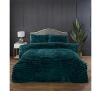 Rapport home Chunky Ribbed Premium Luxury Faux Rabbit Fur Duvet Cover Set Double Racing Green Soft and Warm Fluffy Bedding Set