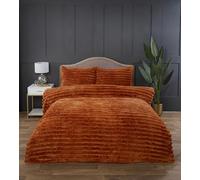 Rapport home Chunky Ribbed Premium Luxury Faux Rabbit Fur Duvet Cover Set Kingsize Burnt Orange Soft and Warm Fluffy Bedding Set