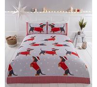 Rapport Home Dachshund Through The Snow Double Duvet Cover Christmas Bed Set | Festive 3 Piece Cozy Xmas Quilt Cover with 2 Pillowcases | Red