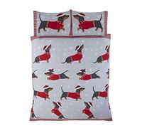 Rapport Home Dachshund Through The Snow Single Duvet Cover Set - Festive Red Christmas Bedding with Sausage Dog Print, 2 Piece