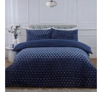 Rapport Home Diamond Cut Luxury Teddy Fleece Bedding Set - Double, Navy Blue - Embossed Geometric Textured Duvet Cover & Pillowcases