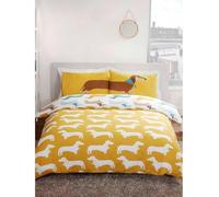 Rapport Home Double Duvet Cover Set - Fun Ochre Sausage Dog Dachshund Pattern Bedding with 2 Pillowcases - Reversible Polycotton Easy Care 200x200cm