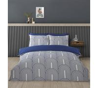 Rapport home Double Duvet Cover Set Premium Polycotton Arches Geometric Design Blue and White Minimalist 3PC Non-Iron Luxury Bedding Set with Snap Closure
