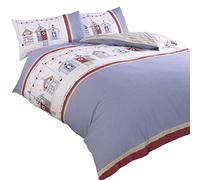 BEACH HUT DOUBLE DUVET COVER SET SEASIDE BEDDING RED / BLUE / WHITE REVERSIBLE