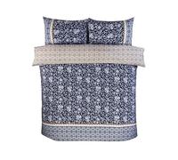 Rapport Home Eleanor Double Duvet Cover Set - Navy Blue Bedding with Floral Motif, Geometric Patterned Edge & Contrasting Border, Classic Design with Modern Comfort