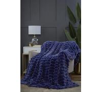 Rapport home Faux Rabbit Fur Soft Touch Chunky Ribbed Blue Blanket Throw (150 x 200 cm)