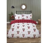 Rapport Home Fergus Reversible Duvet Cover Set - Highland Cows Red Plaid Patterned King Size Bedding Set
