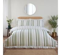 Rapport Home Frilled Bedding Set - Maya Striped Reversible Duvet Cover Set - Green King Size Quilt Cover
