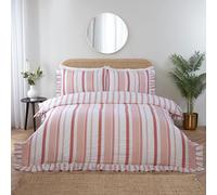Rapport Home Frilled Bedding Set - Maya Striped Reversible Duvet Cover Set - Pink King Size Quilt Cover