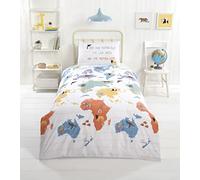 Rapport Home Furnishings Kids' Sustainable Single Bedding Set - Children's World Map Geographical Single Duvet Cover Set, Eco-Friendly Reversible Easy Care Quilt Cover (135 x 200 cm)