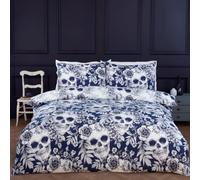 Rapport Home Gothic Floral Skull Bedding Set, Navy Blue and White, Polyester Duvet Cover with Pillowcases, Single Bed Size, Reversible Design