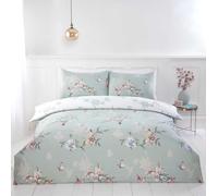 Rapport home Green Kingsize Microfibre Duvet Set - Hummingbird Floral Reversible 180 Thread count Soft Non-Iron Bedding Set - Floral Duvet Cover Set Featuring Birds, Flowers and Butterflies