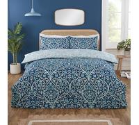 Rapport Home Harrow Microfibre Duvet Cover Set Single Indigo Blue - Floral Vintage Damask 2-Piece Reversible Bedding