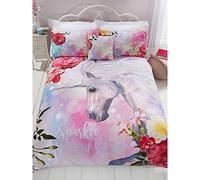 Rapport Home Kids' Pink Unicorn Duvet Cover Set - Sparkle & Shine Floral Unicorn Bedding, Soft & Easy Care (Double Size)