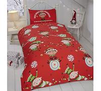 Rapport Home Naughty Elves Single Duvet Cover Children's Christmas Bedding Set Festive, Cotton, Red, 2 pieces