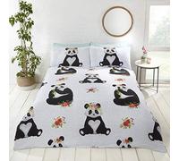 Rapport Home Panda Duvet Set - White Dotted Floral Bedding Set With Cute Pandas King Size Quilt Cover Set (220 x 230 cm)