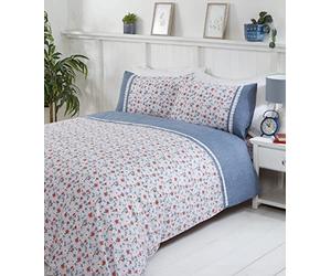 Rapport Home Penelope Floral Lace Trim Duvet Cover Set (Double, Blue)