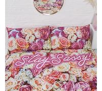 Rapport Home Pink Floral Rose Duvet Cover Set - Soft & Easycare Stay Sassy Slogan King Bedding