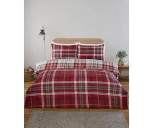 Rapport Home Regalia Plaid Complete Bedding Set | King Size Reversible Tartan Check Duvet Cover | Matching Fitted Sheet & Pillowcase with Popper Closure | Red