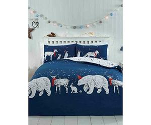 Rapport Home Single Duvet Cover Set - Christmas Polar Bear & Friends Reversible Polycotton Bedding - Navy Blue Seasonal Design